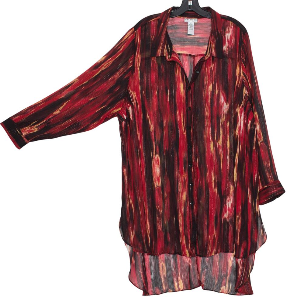 Catherines Shirtdress Boho Feminine Grunge Romantic Sheer Button Up Red Black 2X